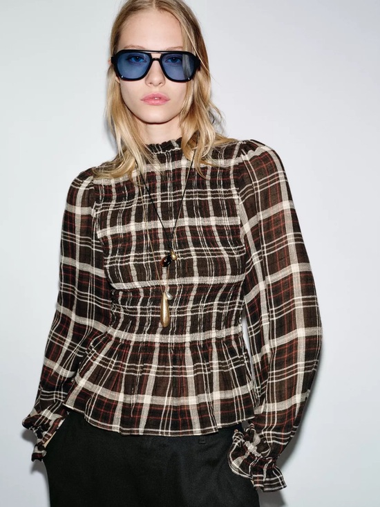 Zara Tops - Zara Brown Plaid Smocked Peplum Blouse